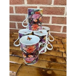 6 Chrysanthemum Mugs by Kathleen McKenna Porcelain Monarch Butterfly